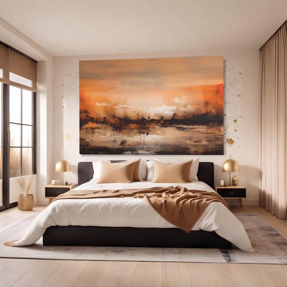 Tablou canvas cu peisaj abstract orizontal in nuante de aramiu, fara rama, pe sasiu de lemn, pe perete intr-un dormitor